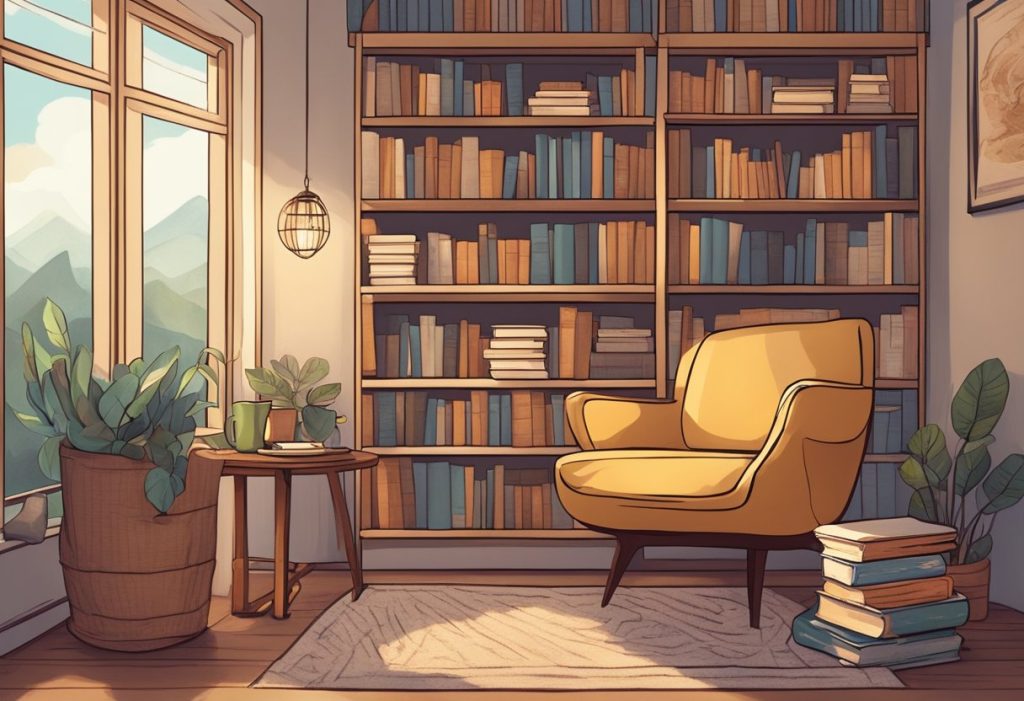 A cozy reading nook with a yellow armchair, potted plants, and a small table with a green mug. Shelves of books fill the background, bathed in warm sunlight from the window.