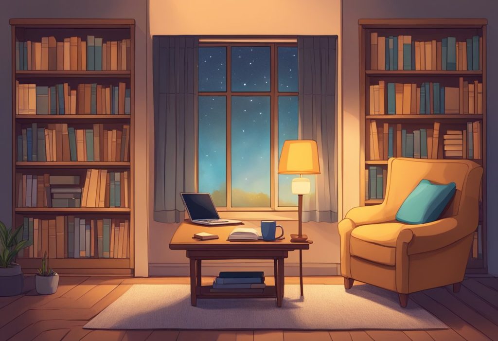 A nighttime reading scene with a glowing lamp, an open laptop on a wooden table, and a comfortable armchair. Shelves of books frame the space, with stars visible through the window.