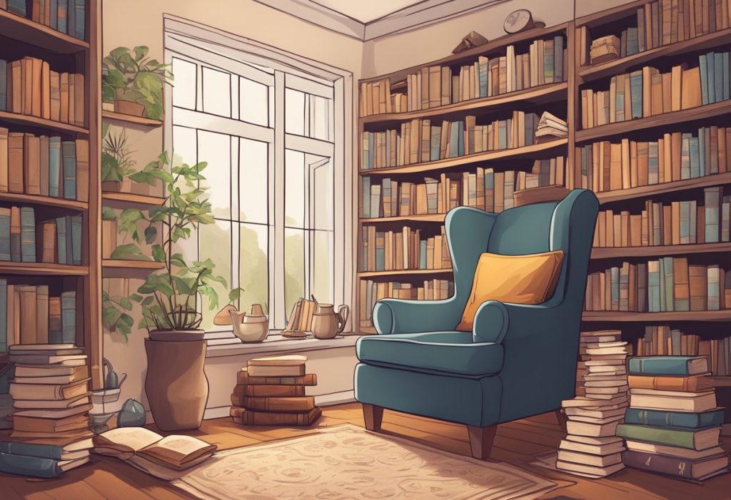 A bright reading room with a large window, potted plants, and bookshelves full of books. Stacks of books are placed near a comfortable blue armchair.