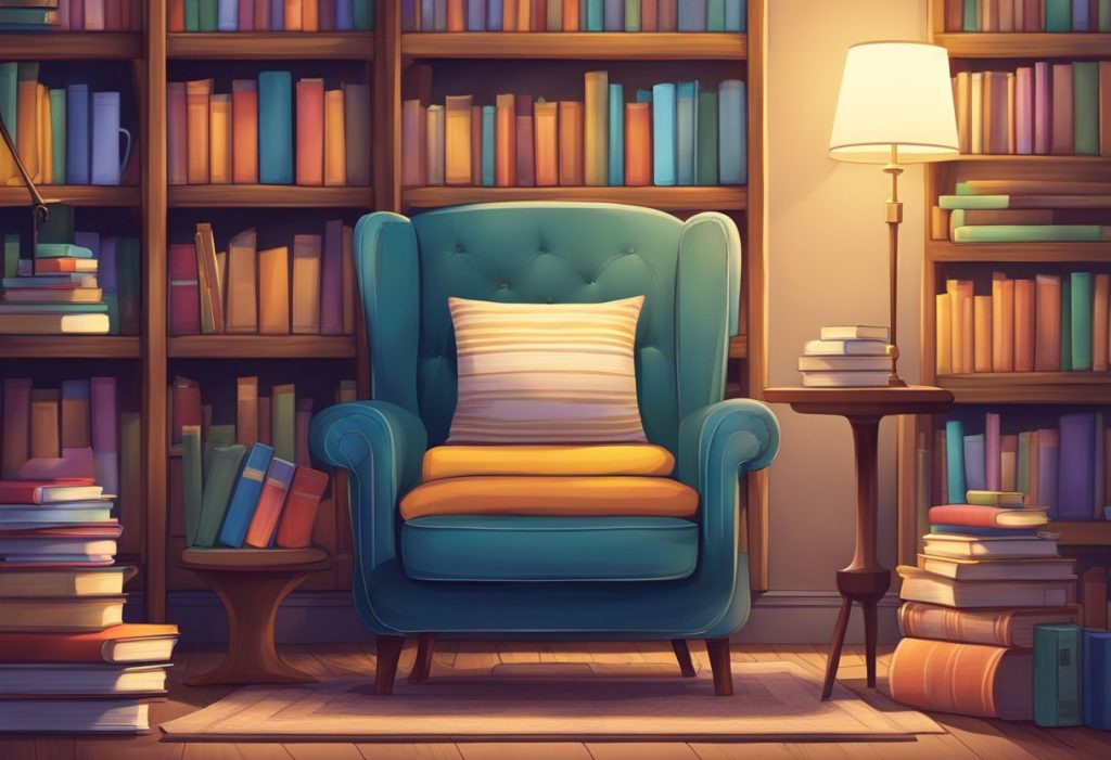 A teal armchair with a striped pillow sits near a wooden side table and a tall bookshelf. Warm lighting creates a relaxing reading ambiance.