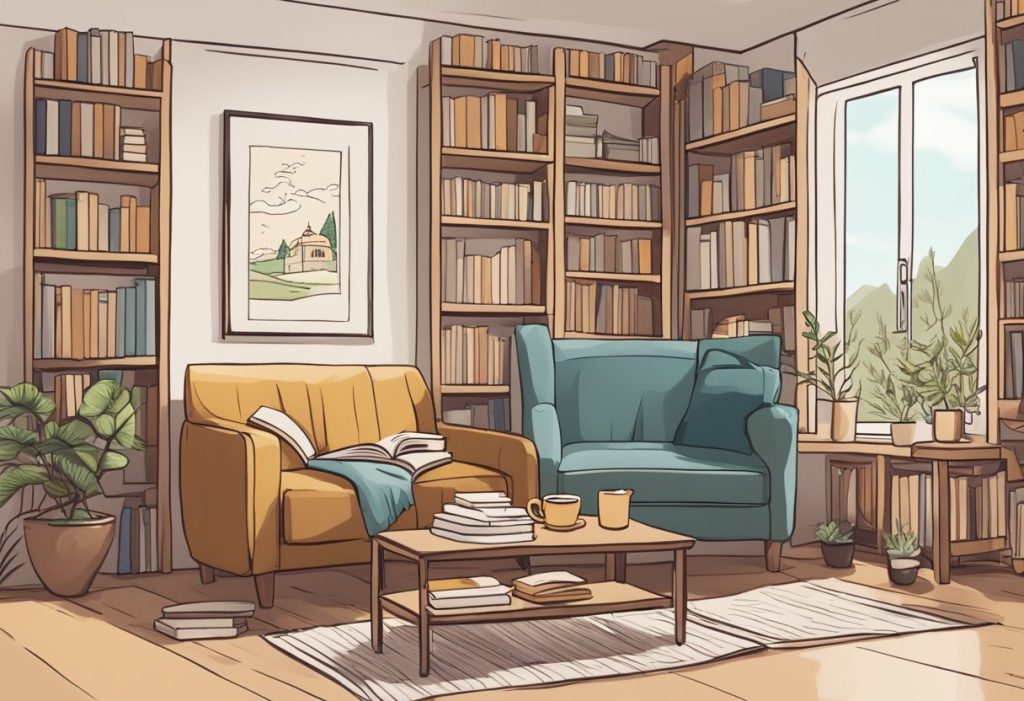 A bright reading corner with yellow and blue armchairs, surrounded by bookshelves. A coffee table holds books and mugs, giving a relaxed and welcoming vibe.