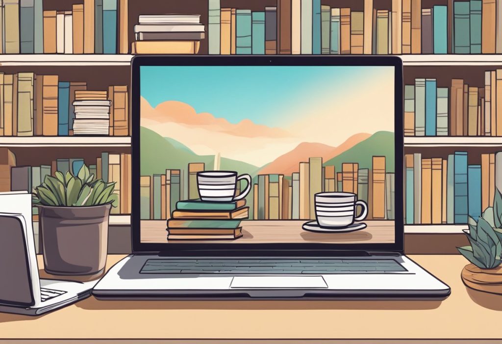 Modern reading setup with a laptop displaying a scenic landscape. Two cups of coffee and stacked books are arranged on the desk, framed by bookshelves and plants.