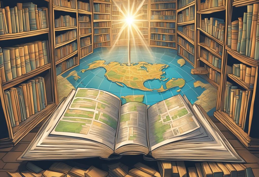 A grand library with shelves of books surrounding an open map book. A glowing light shines over a world map, emphasizing exploration and knowledge.