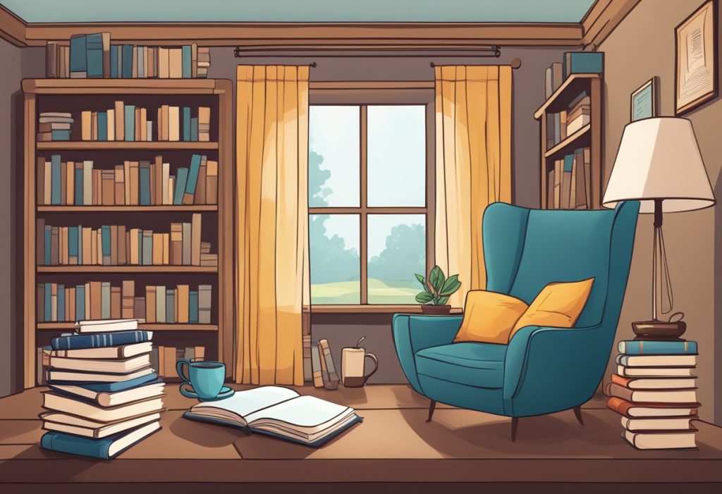 Cozy reading nook with a blue armchair, open books on a wooden table, and bookshelves filled with books. A window lets in warm sunlight, creating a peaceful atmosphere.